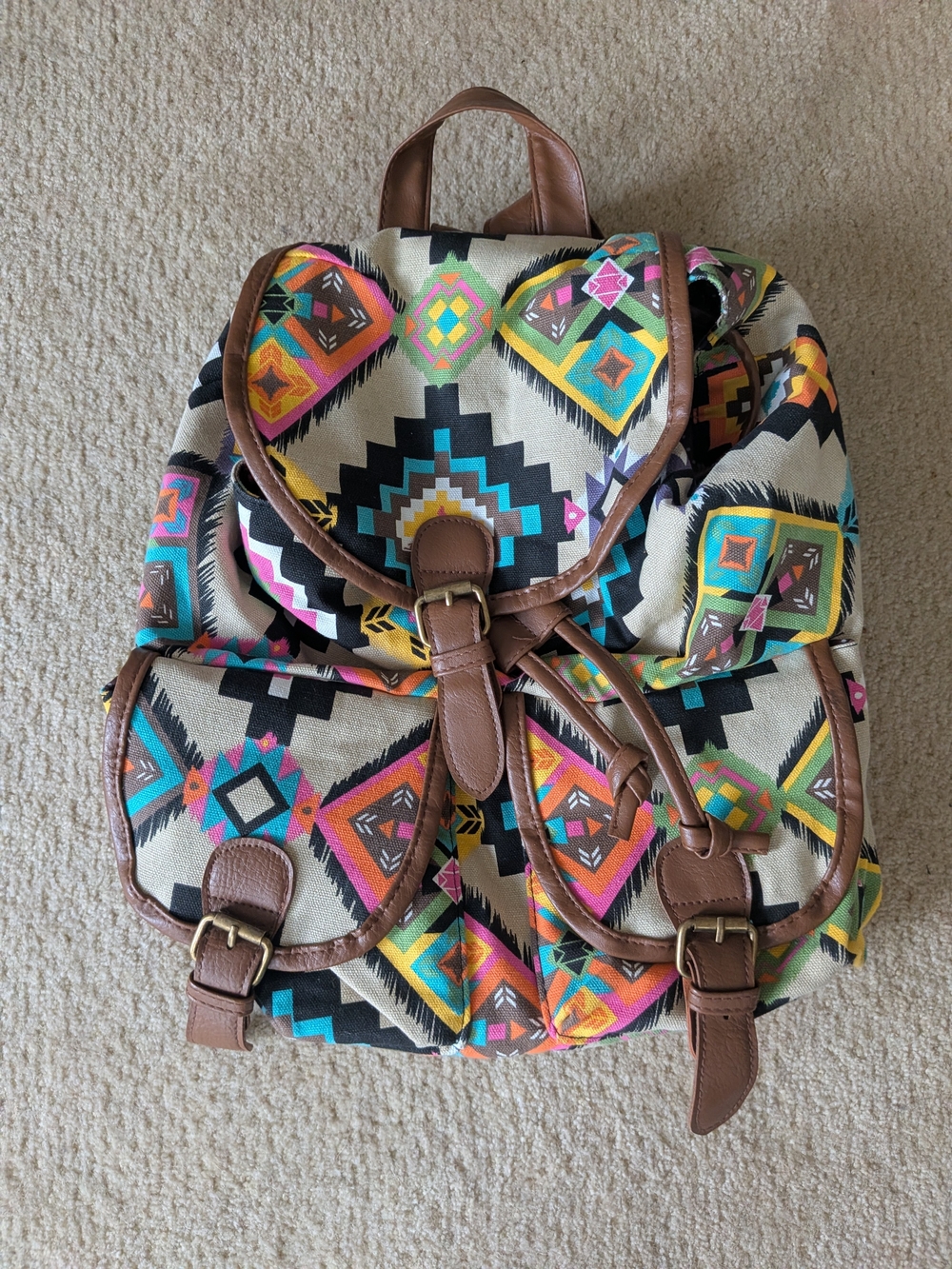 Colorful Aztec Print Canvas Backpack with Brown Trim
